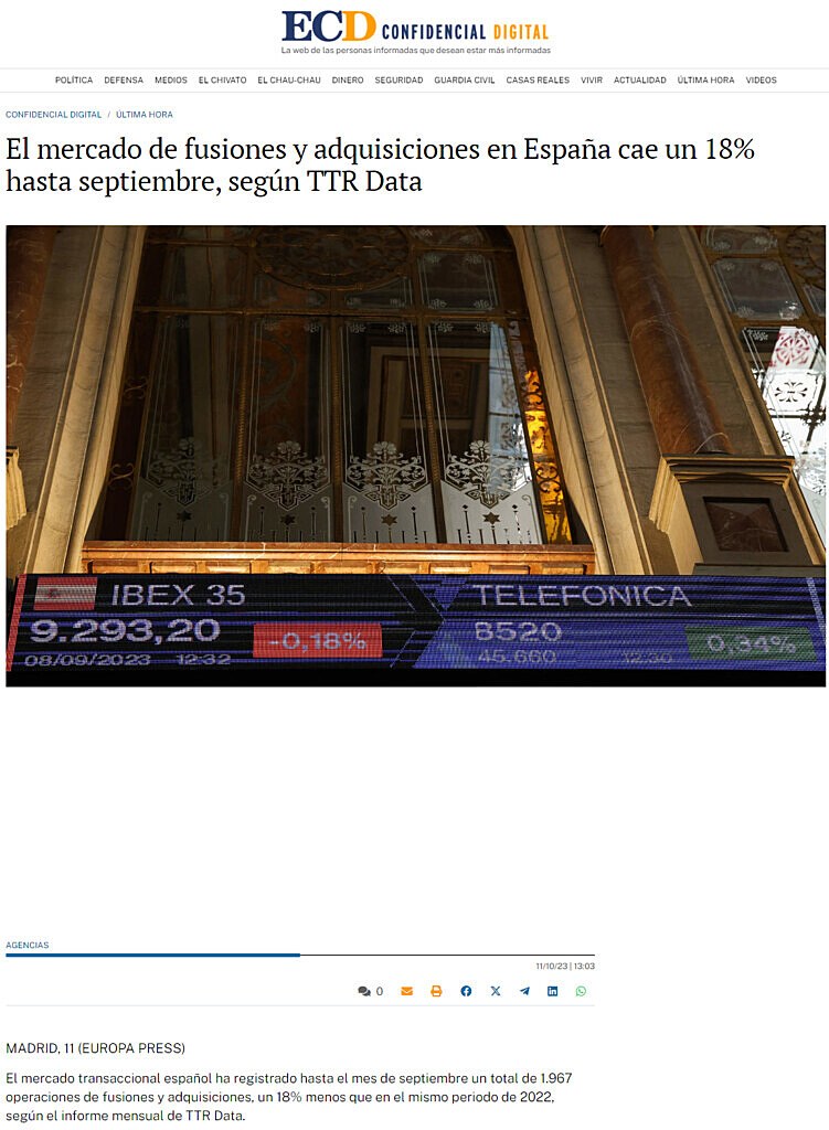 El mercado de fusiones y adquisiciones en Espaa cae un 18% hasta septiembre, segn TTR Data